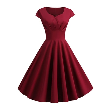 - UKAP Women's V Neck Pleated Tunic Solid Retro Short Sleeve 1950s Party Vintage Swing Evening Formal Cocktail Maxi Dress