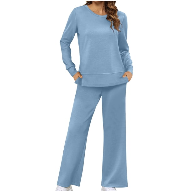 Puntoco Moda Para Mujer Color Sólido Cuello Redondo Manga Larga Pantalones Con Abertura Lateral Traje Manga Larga Cuello Redondo top/Camisa Traje Azul Cielo Xxl