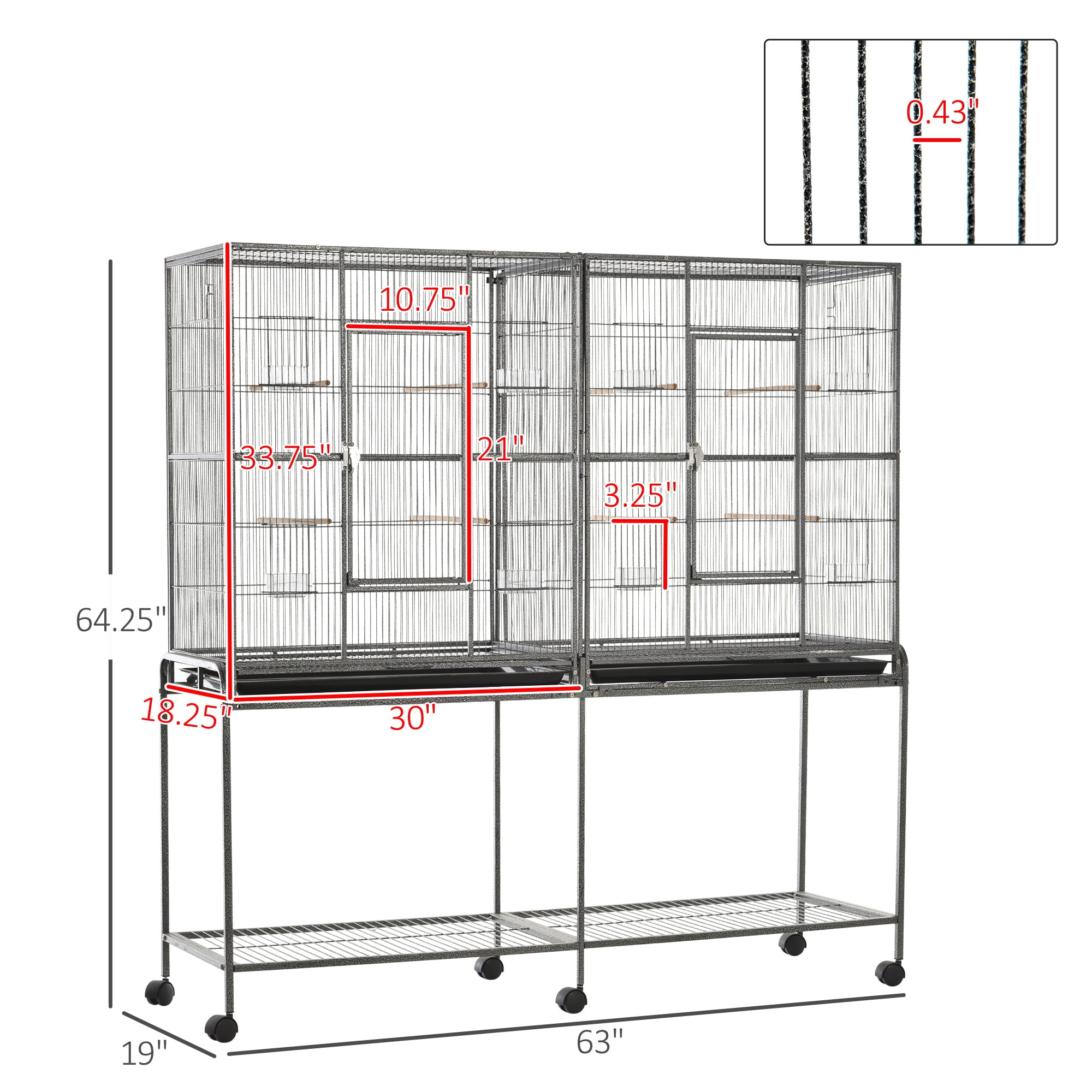 65" Double Rolling Metal Bird Cage Feeder with Detachable Rolling Stand, Storage Shelf, Wood Perch & Food Container