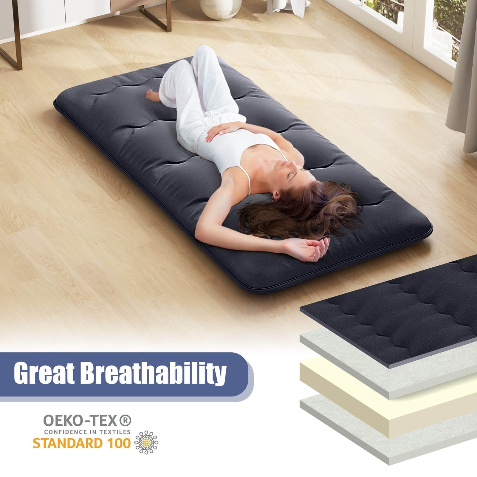 Costway Twin Futon Mattress Japanese Floor Sleeping Pad Washable Cover Carry Bag Black