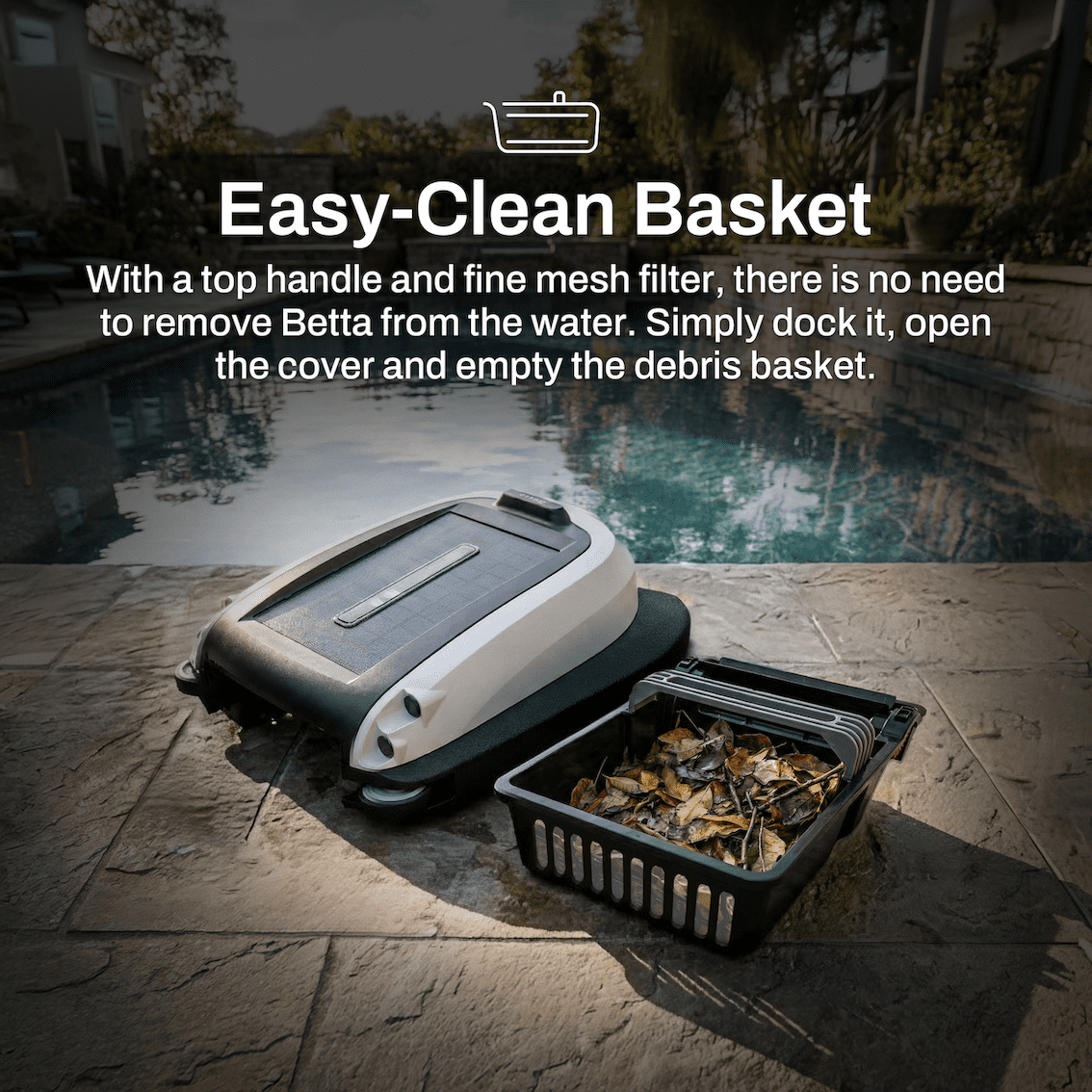 Betta Swift Solar-Powered Robotic Pool Skimmer with Dual Cleaning Mode, Soft-Contact Casing, and Large Easy-Clean Debris Basket