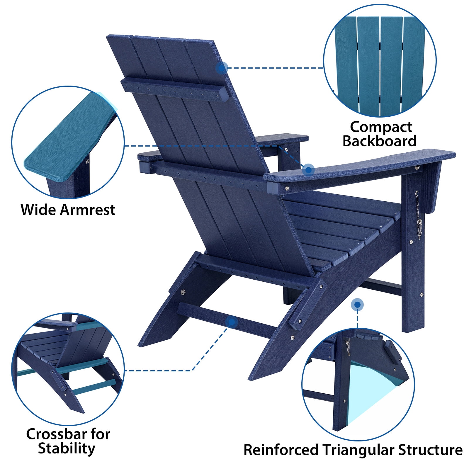 Garpans Folding Adirondack Chairs Set of 2 Weather Resistant Outdoor Adirondack Chair HDPE Outdoor Chair for Patio Front Porch Pool Garden Deck Fire Pit Outside, Navy Blue