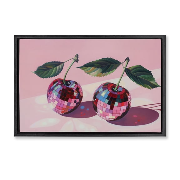 Stupell Industries Disco Ball Cherry Pair Food & Beverage Painting Black Floater Framed Canvas Art Print Wall Art, 25 x 17