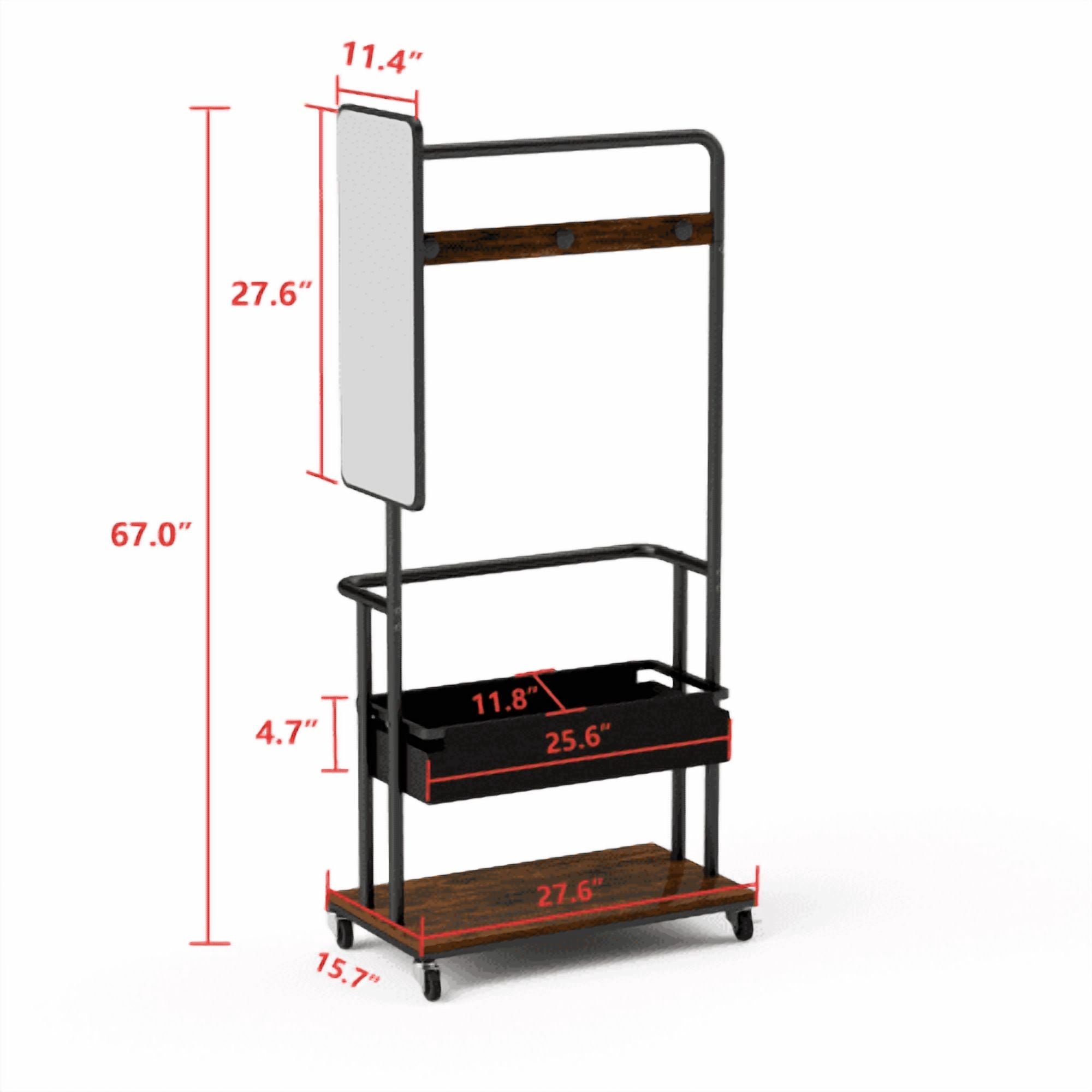 3-in-1 Metal Coat Rack with Casters, Rolling Garment Rack with Mirror & Storage Basket, Heavy Duty Hanging Clothes Rack on Wheels, Rustic Brown