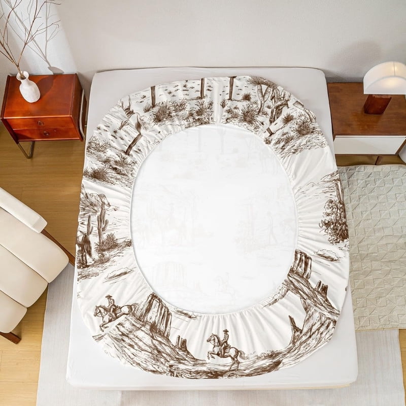 Western Cowboy Fitted Sheet Queen Size Brown Sketch Desert Wild Horse Bedding Set 3Pcs for Kids Boys Men Girls Bedroom Decor Rustic Farmhouse Bed Sheet Animals Deep Pocket Sheet,2 Pillowcase