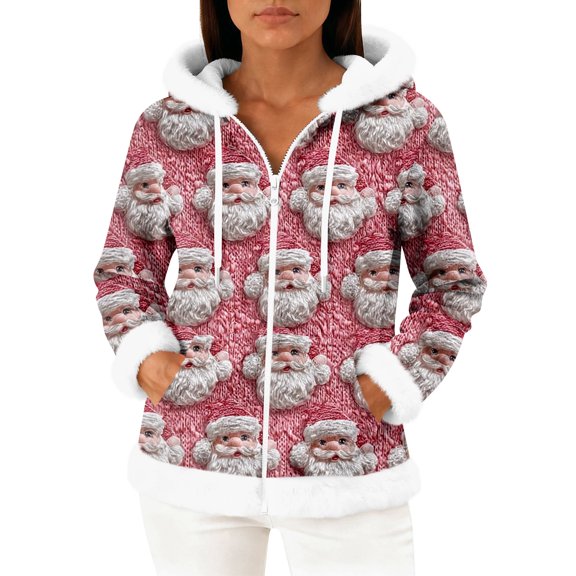 Women's Casual Fashion Long-Sleeve Zip-Up Fleece Hooded Cardigan with Christmas Print, Cozy and Warm for Winter Season,Pink,S