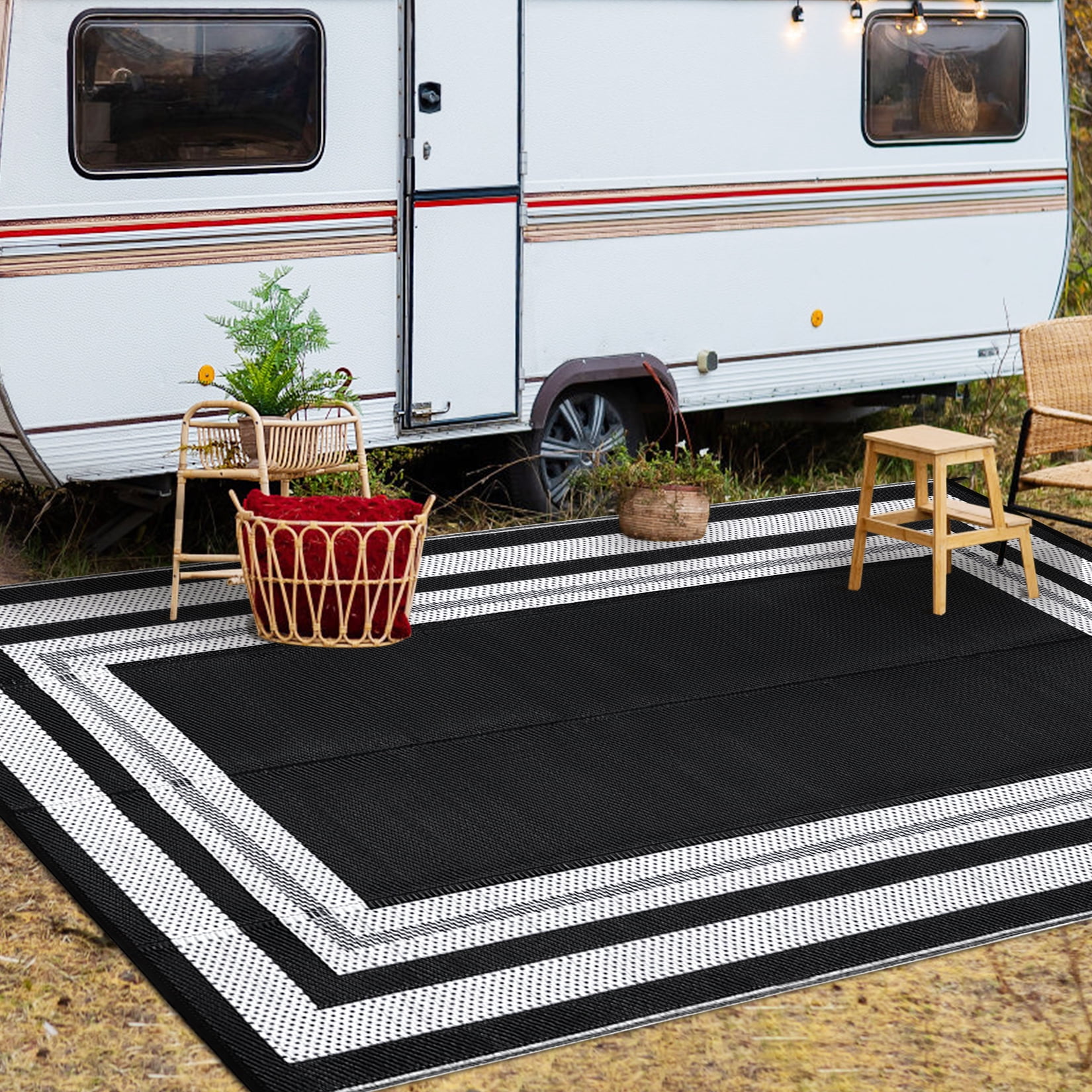 Haperlare Modern Bordered Outdoor Rug, 9'x12' Waterproof Reversible Patio Rug Plastic Straw Rug Outdoor Camping Carpet for RV Porch, Backyard, Deck, Picnic, Beach, Black