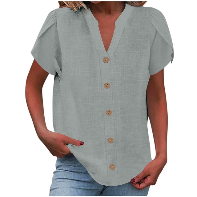Besolor Womens Button down Shirts Trendy V Neck Ruffle Short Sleeve Summer Tops Solid Color Casual Blouses
