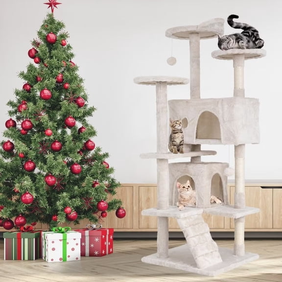 Dkelincs 54 inch Cat Trees and Towers for Indoor Cats, Cat Condo Scratching Post for Adult Cats, Multi-Level Cat Towers for Small Cats, Beige