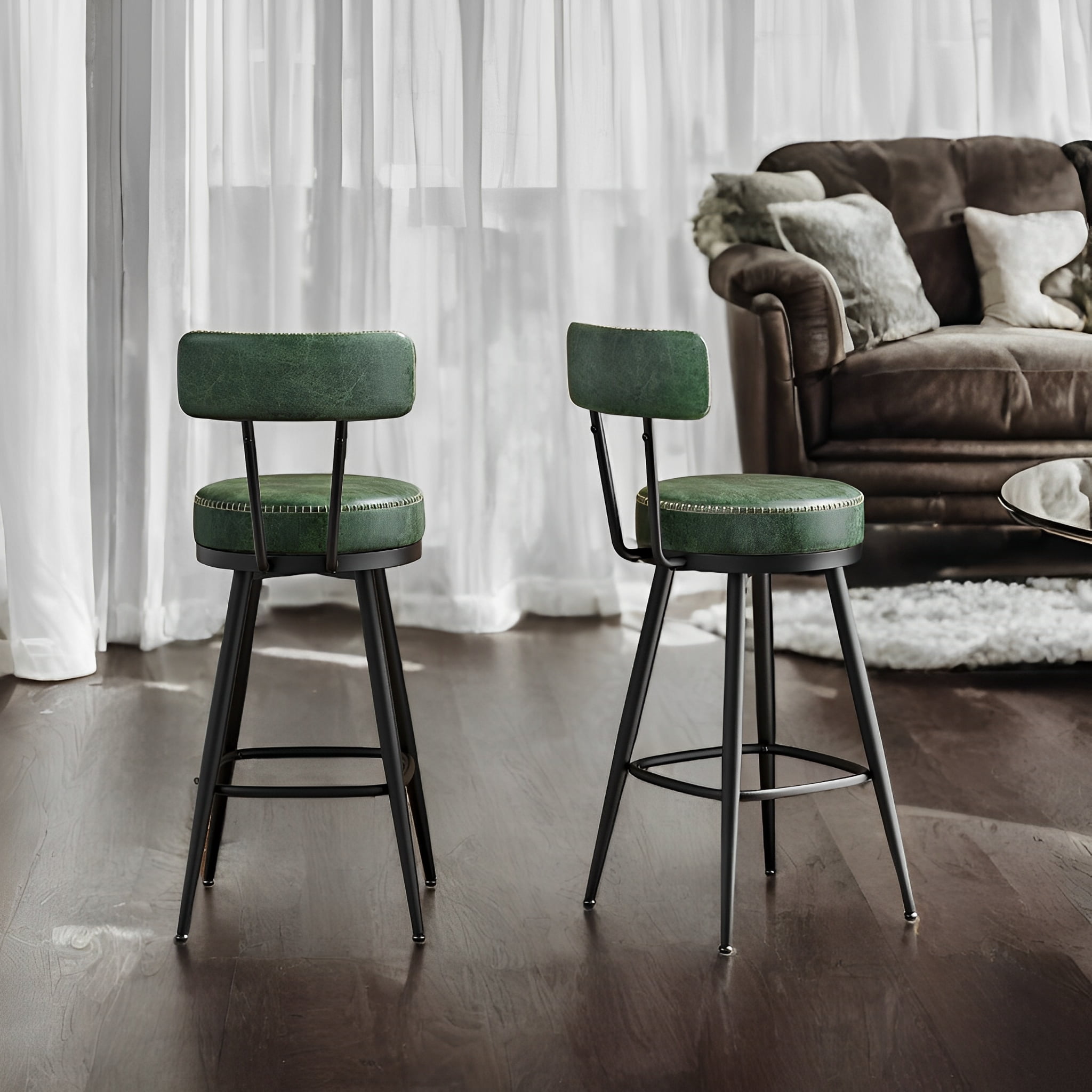 LEDREM 2-Pack Award-Winning Bar Stools - 360° Swivel, 3.1" Plush Seat, Mid-Century Design, Scratch-Resistant, Forest Green
