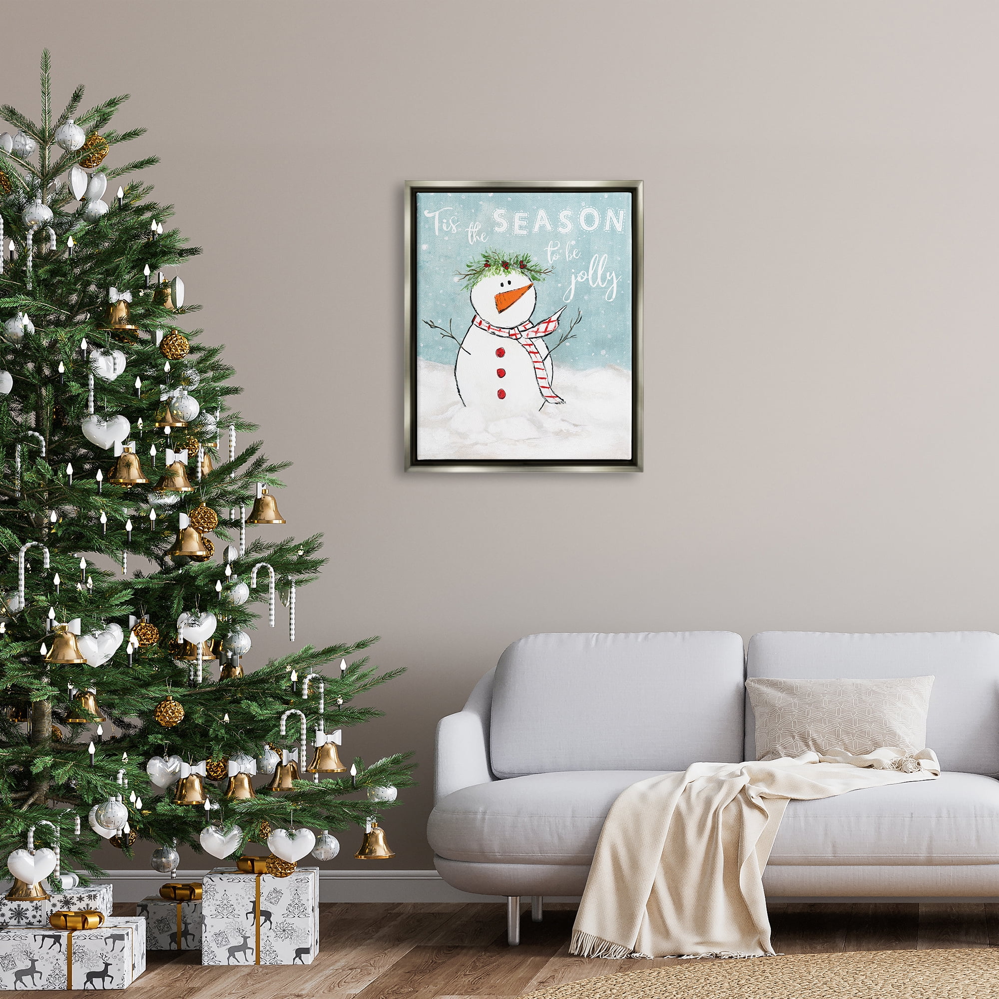Stupell Industries Tis the Season Snowman Holiday Painting Gray Floater Framed Canvas Art Print Wall Art, 25 x 31