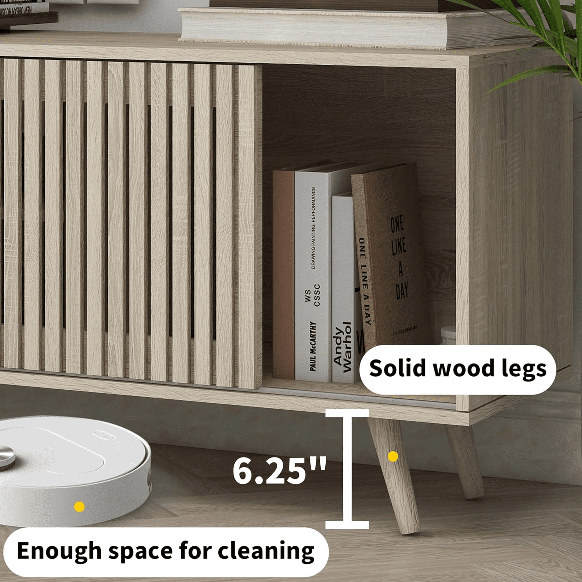 Lisicue Mid-Century Modern TV Stand for TVs up to 70 Inches with Sliding Doors and Storage, Natural