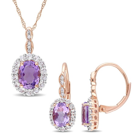Tangelo 3-7/8 Carat T.G.W. Amethyst, White Topaz and Diamond-Accent 14k Rose Gold 2-Piece Halo Pendant and Earrings Set
