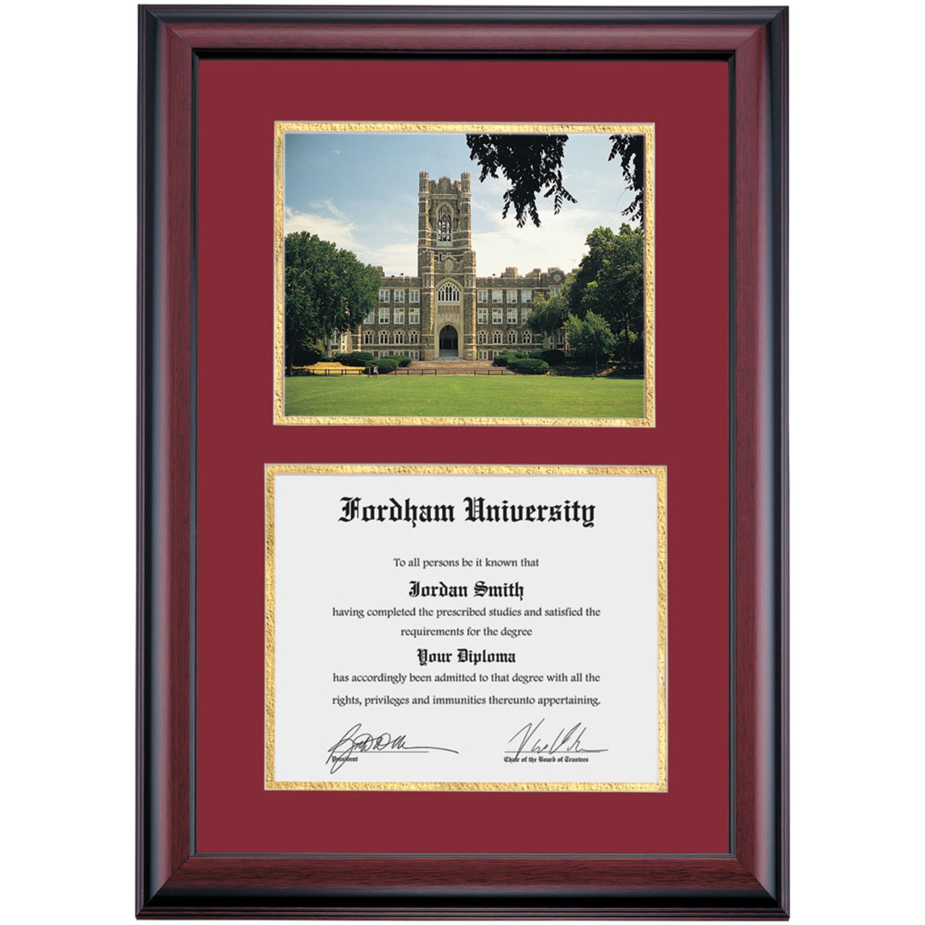 OCM Diploma Frame for Fordham University, Maroon/Gold Mat with Keating