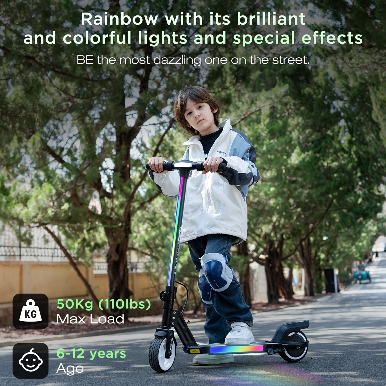 RCB Electric Scooter for Kids,Max Speed 9.3 mph,6.5 Miles Range,Rainbow LED Lights&Display,Foldable&Portable