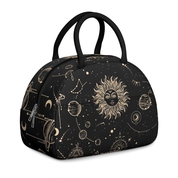 Gothic Black and Gold Moon Lunch Bag, Steampunk Celestial Print Thermal Tote for Women, Great for Work or Weekend Adventures