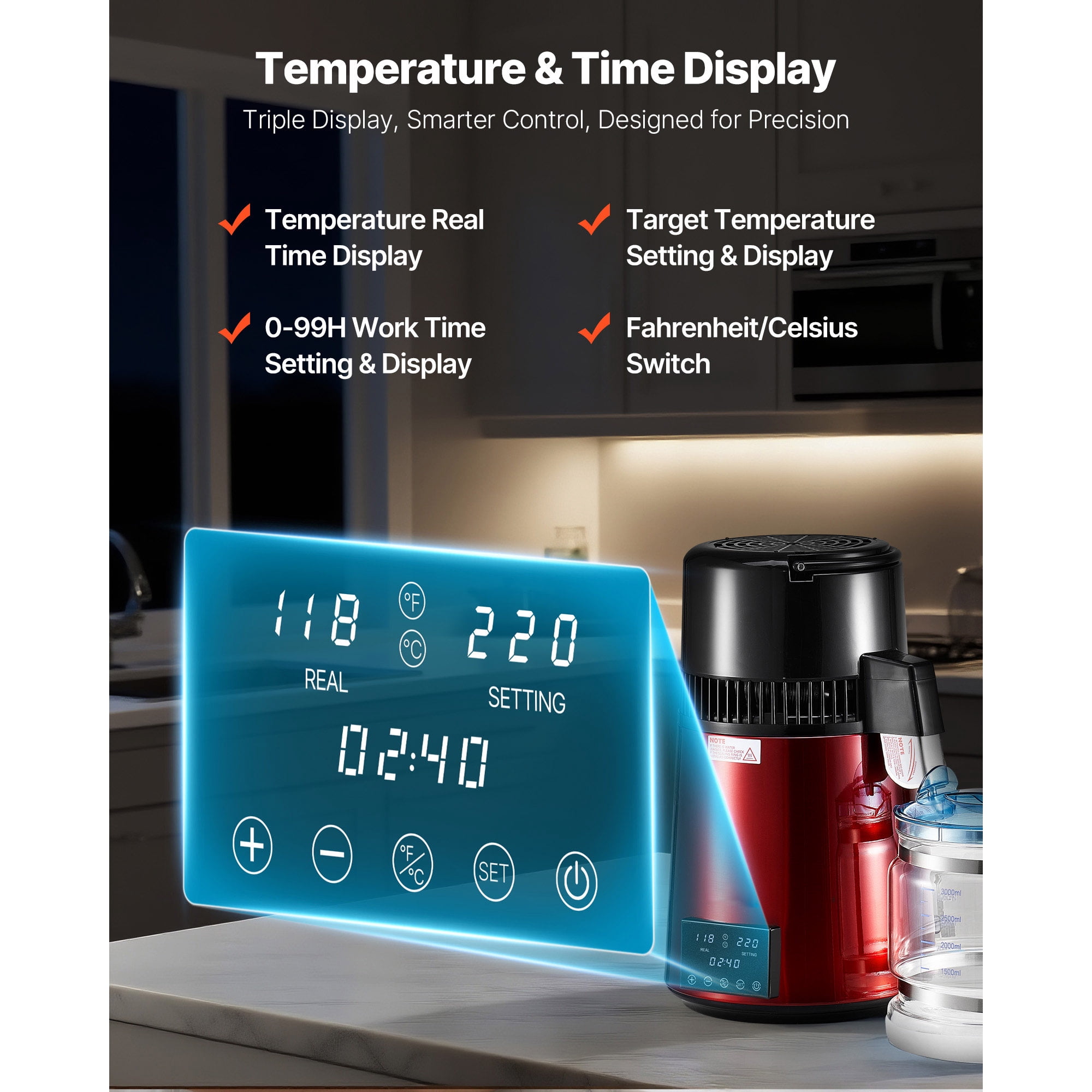 KFFKFF 4L 1.1 Gallon Water Distiller for Home Use, 1750W Countertop Purifier with Glass Container, Stainless Steel Interior for Producing Clean Drinking Water, Red