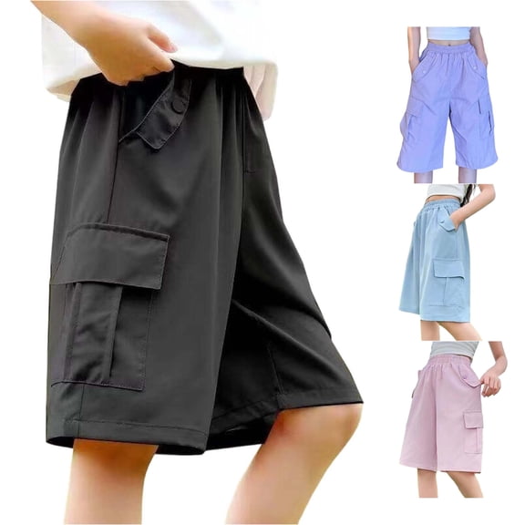 WAYUTE Shorts for Girls Elastic Waist Summer Solid Color Outerwear Bermuda Shorts with Multi Pockets for Kids Thin Breathable Athletic Casual Outdoor,Black