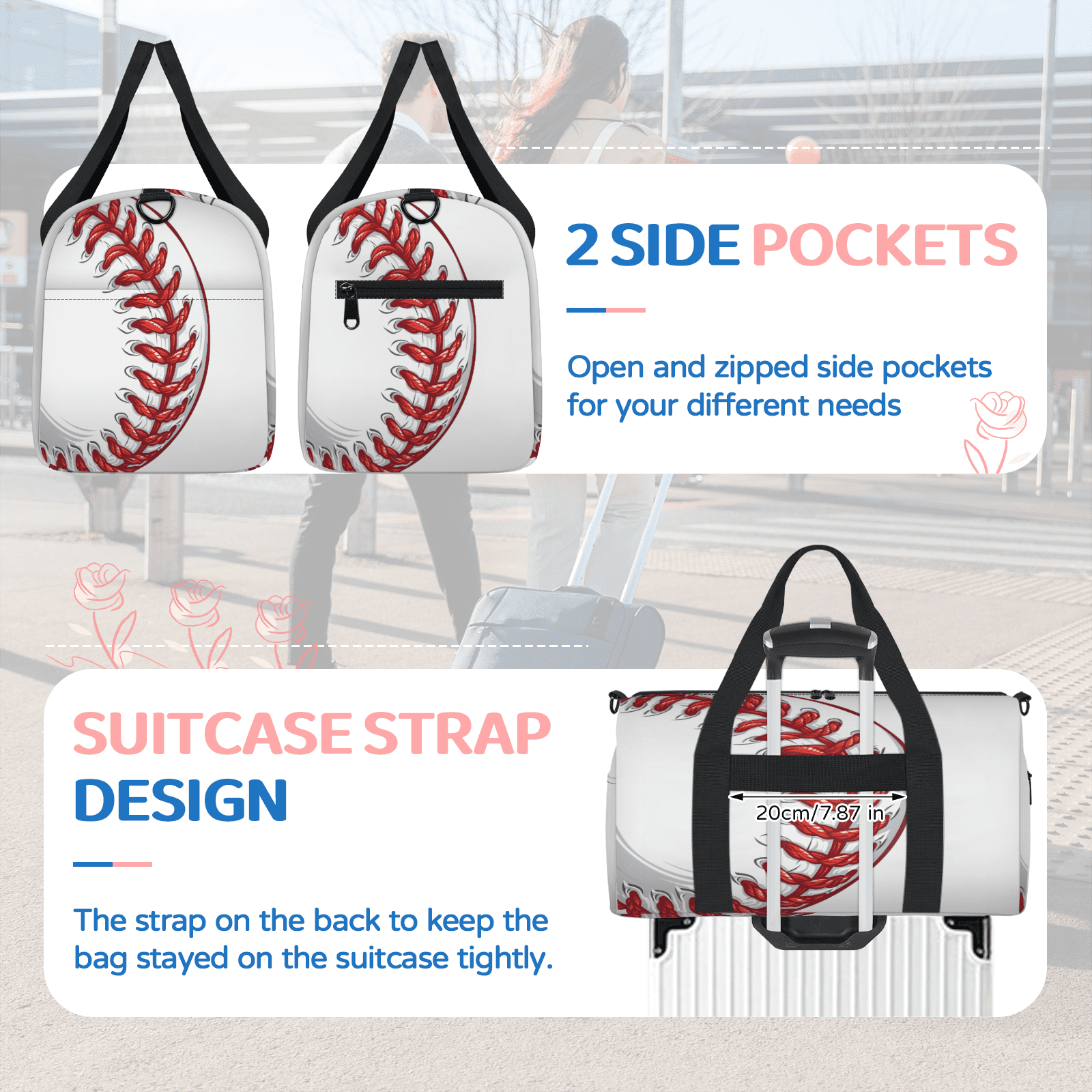 Herdesigns Baseball Travel Duffle Bag Sports Yoga Weekender Overnight Carry on Workout Bags Lightweight Waterproof Gym Tote Bag for Women Red Ball Sports