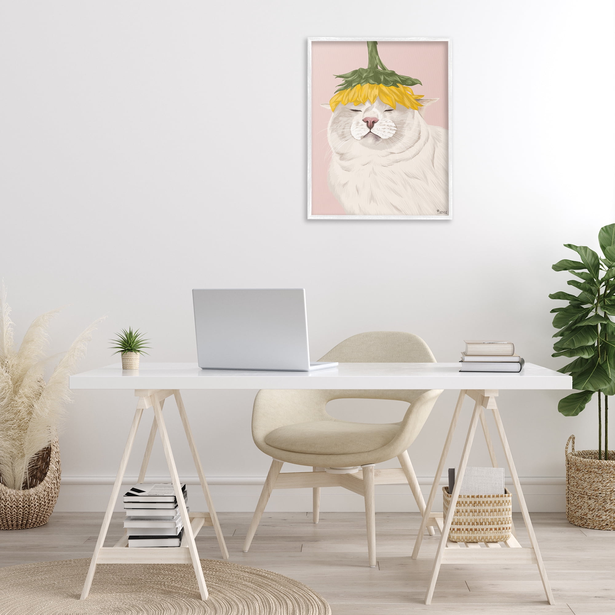 Stupell Industries Cat with Daisy on Head Animals & Insects Painting White Framed Art Print Wall Art, 24 x 30