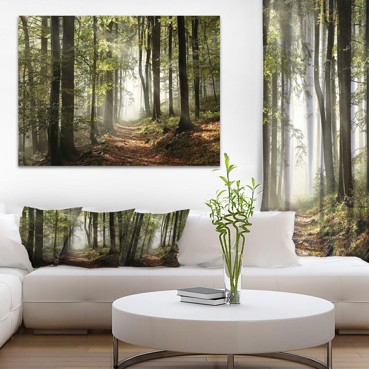 Designart Green Fall Forest with Sun Rays Canvas Wall Art