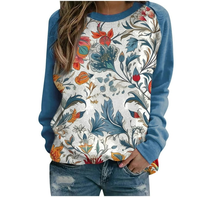 Yuyuzo Chandails en Molleton à Manches Longues Raglan Col Rond pour Femmes Doux Confortables Vintage Graphiques Décontractés Tunique Chandail Bleu