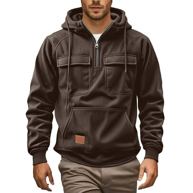 MHFRRA Sudadera Informal con Capucha y Mangas Raglán de Pana para Hombre, con Bolsillos con Cremallera, para Uso Diario En Otoño E Invierno Café