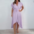 thumbnail image 2 of CHGBMOK Women Dress Ruffle Short Sleeve V Neck Dress Front Ruched Tummy Control Long Dress with Belt Swing Pleated Casual Dress, 2 of 7