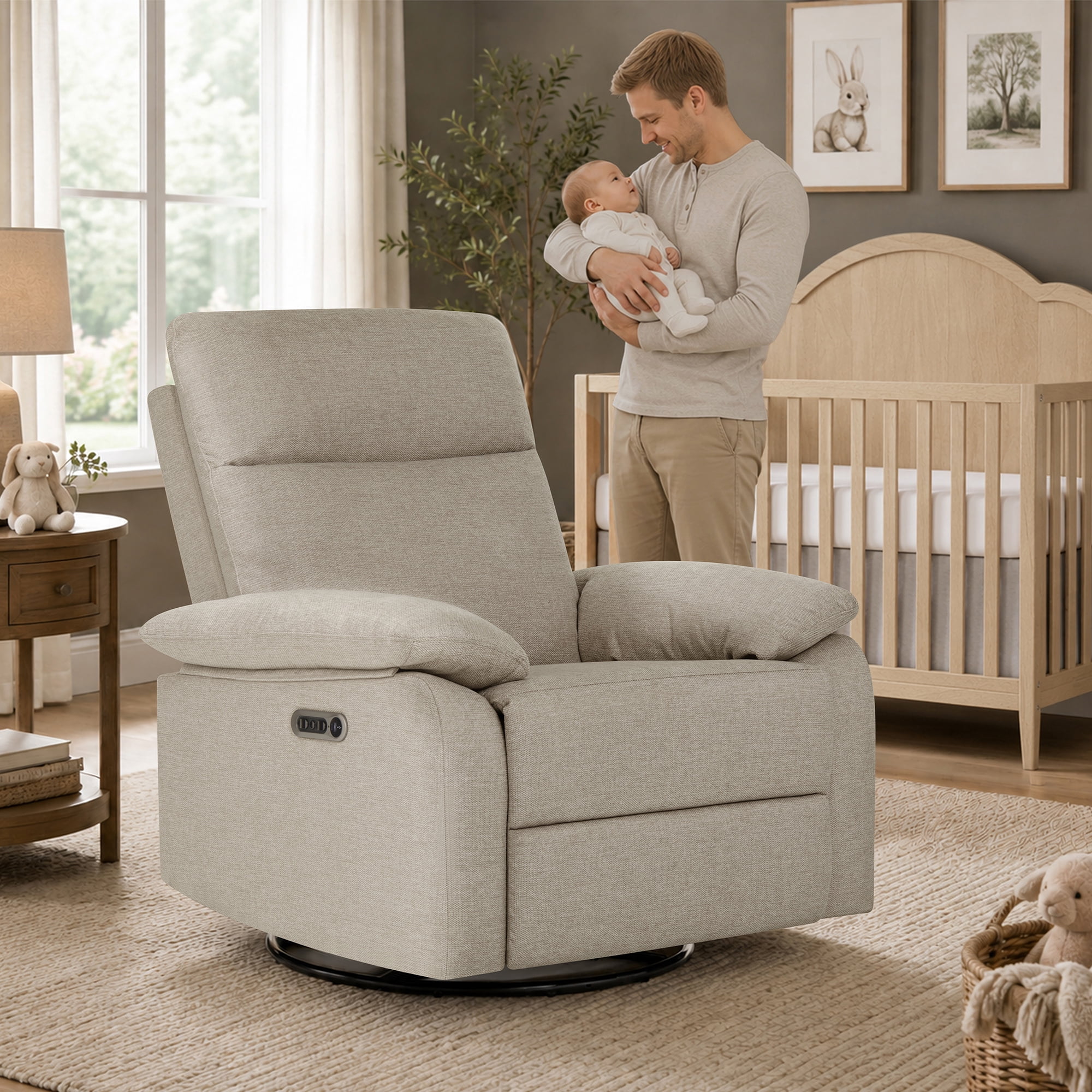 Evolur Asher Deluxe Power Recline Glider, Extra-Wide Nursery Recliner Chair with Adjustable Power Headrest, 275° Swivel, USB-A & USB-C Charging Ports, Ergonomic Lumbar Support, FSC Certified, Beige