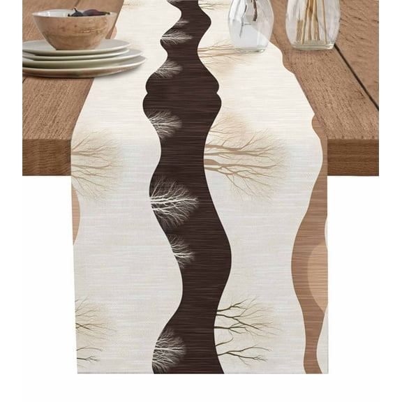 Beige Brown Stripe Table Runner 72 Inches, Modern Abstract Wave Silhouette Bed Runner Dresser Scarves Tabletop for Indoor Outdoor Parties/Ceremony/Banquet, 16" x 72"