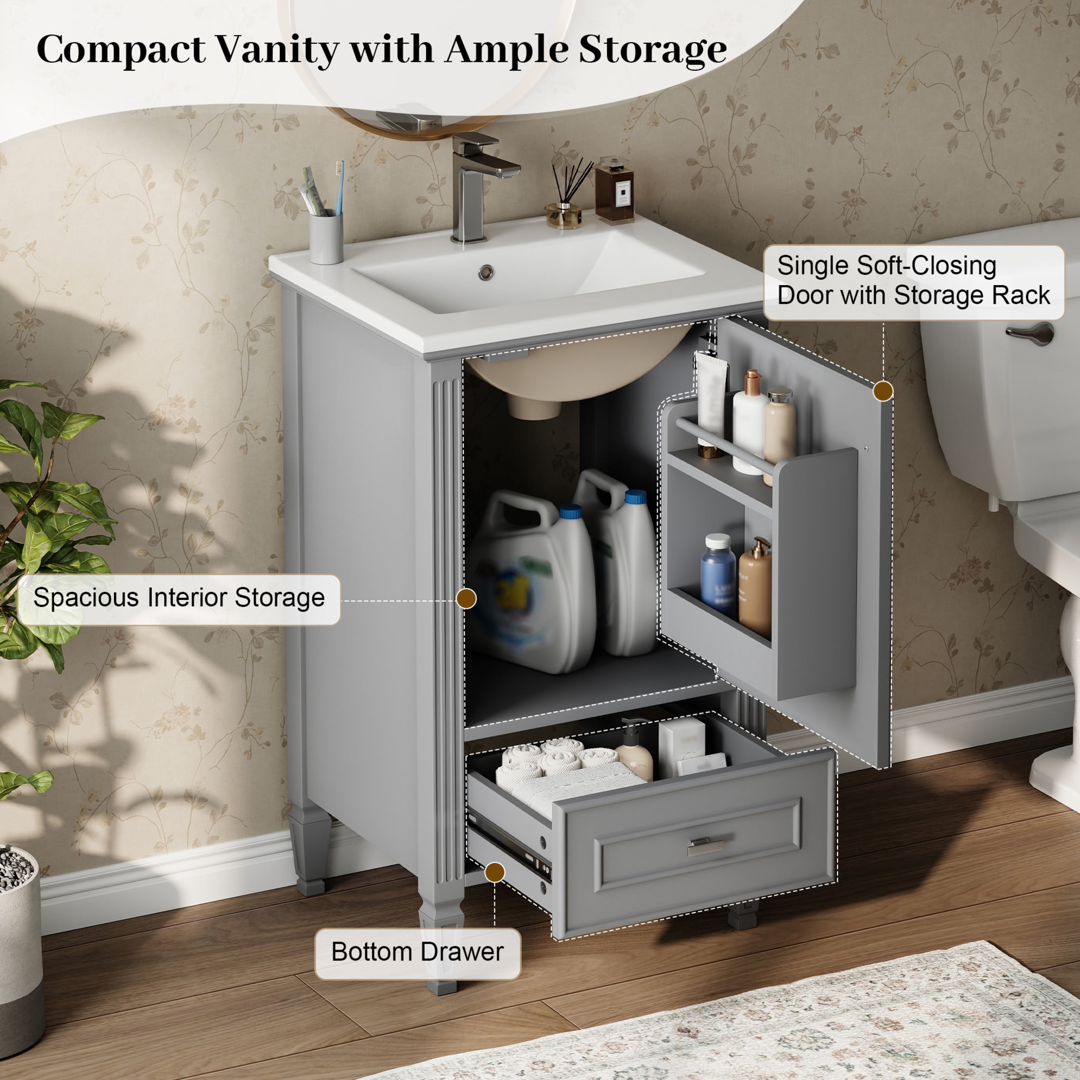 Christopher Knight Home 20" Solid Wood Bathroom Vanity with Sink, Drawer and Soft-Close Door, Gray