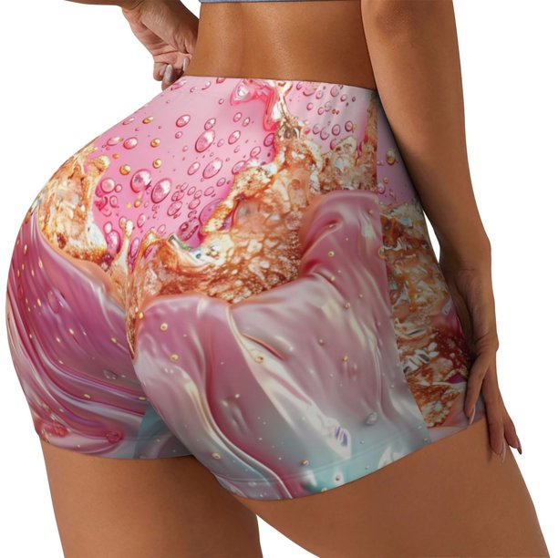 Fotbe Abstract Pink Gold Splash Shorts Sin Costuras – Shorts Deportivos de Cintura Alta para Mujer, Elásticos para Gimnasio, Yoga, Running o Ciclismo-Medium