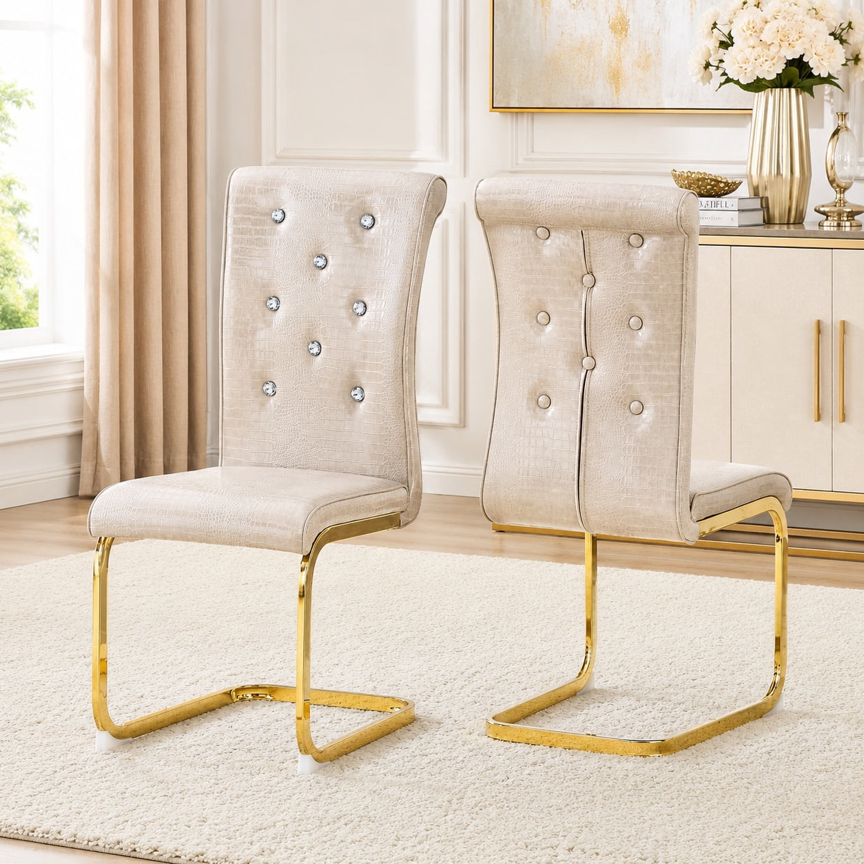Aukfa Modern Dining Chairs Set of 2 , 400 lbs Heavy-Duty Faux Alligator Leather Kitchen Chairs with Crystal Button Tufted High Back,Beige