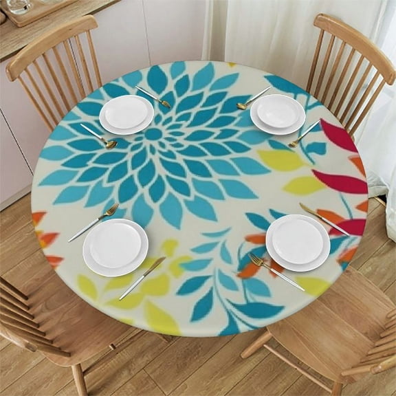 JRXY Round Fitted Tablecloth with Colorful Flower Design, Waterproof Elastic Table Cover for Round Table, Wipeable Fitted Table Cloth, Fits Various Sizes 36x36in