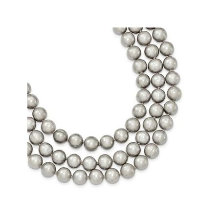 - 925 Sterling Silver Triple Strand Round Gray Freshwater Cultured Pearl Bead Necklace