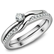 Womens 3x3mm Round CZ Center Simple Style Stainless Steel Wedding 2 Rings Set - Size 10