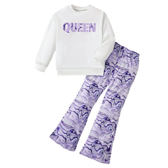 Mikrdoo Big Girl Clothes Set Kids Clothing Spring Fall Queen Letter Tops Water Waves Pants Tween Outfits For Girl 12 Years