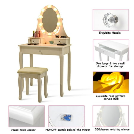 Gymax 3 Drawers Vanity Makeup Dressing Table Stool Set Lighted Mirror W 10 Led Bulbs