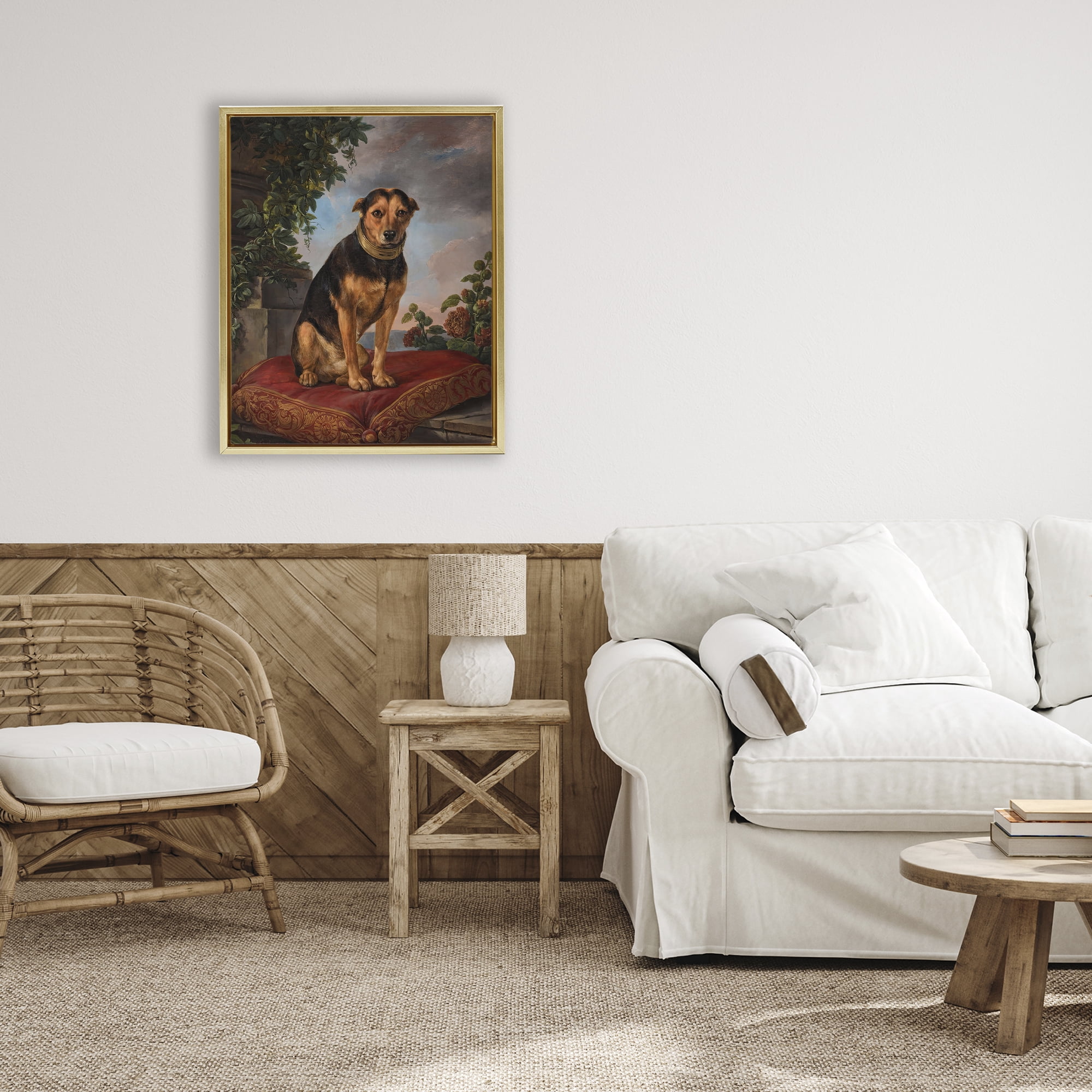 Stupell Industries Historical Dog on Cushion Gold Framed Floater Canvas Wall Art, design by Lil' Rue