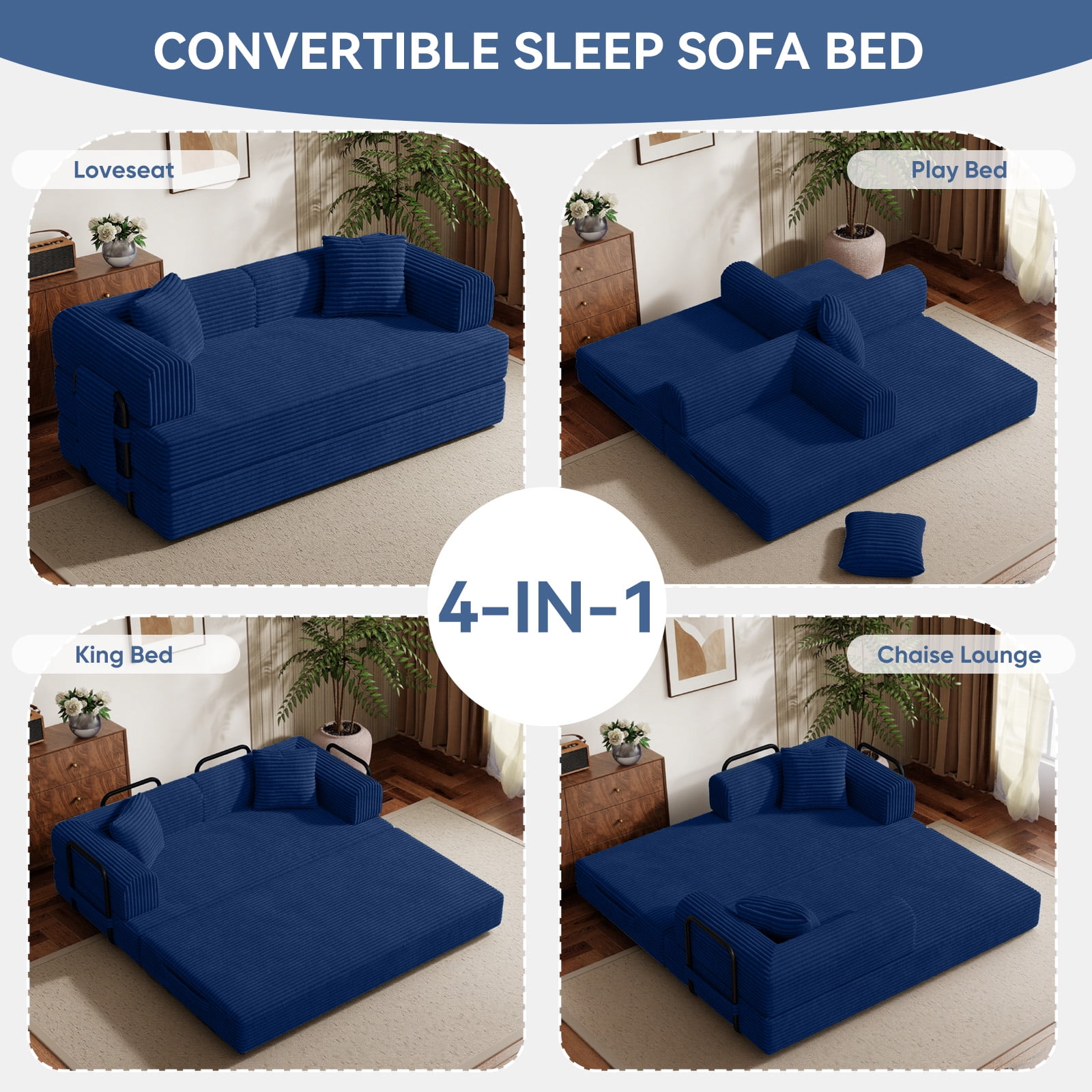 Daluvenix 4-in-1 Folding Convertible Sofa Bed 81 Inch Oversized Corduroy Upholstered Boneless Couch Loveseat Sleeper with Pull Out Bed Blue