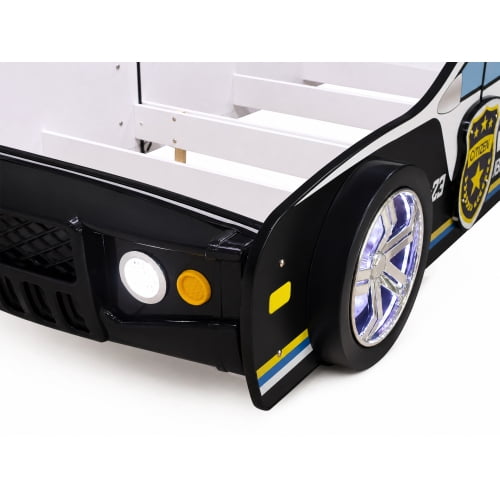 Supreme Energy Twin Size Kids Racing Car Bed with LED Wheel Lights and Headlight Accents, Floor Bed Frame with Full-Length Guardrail and Wood Slats