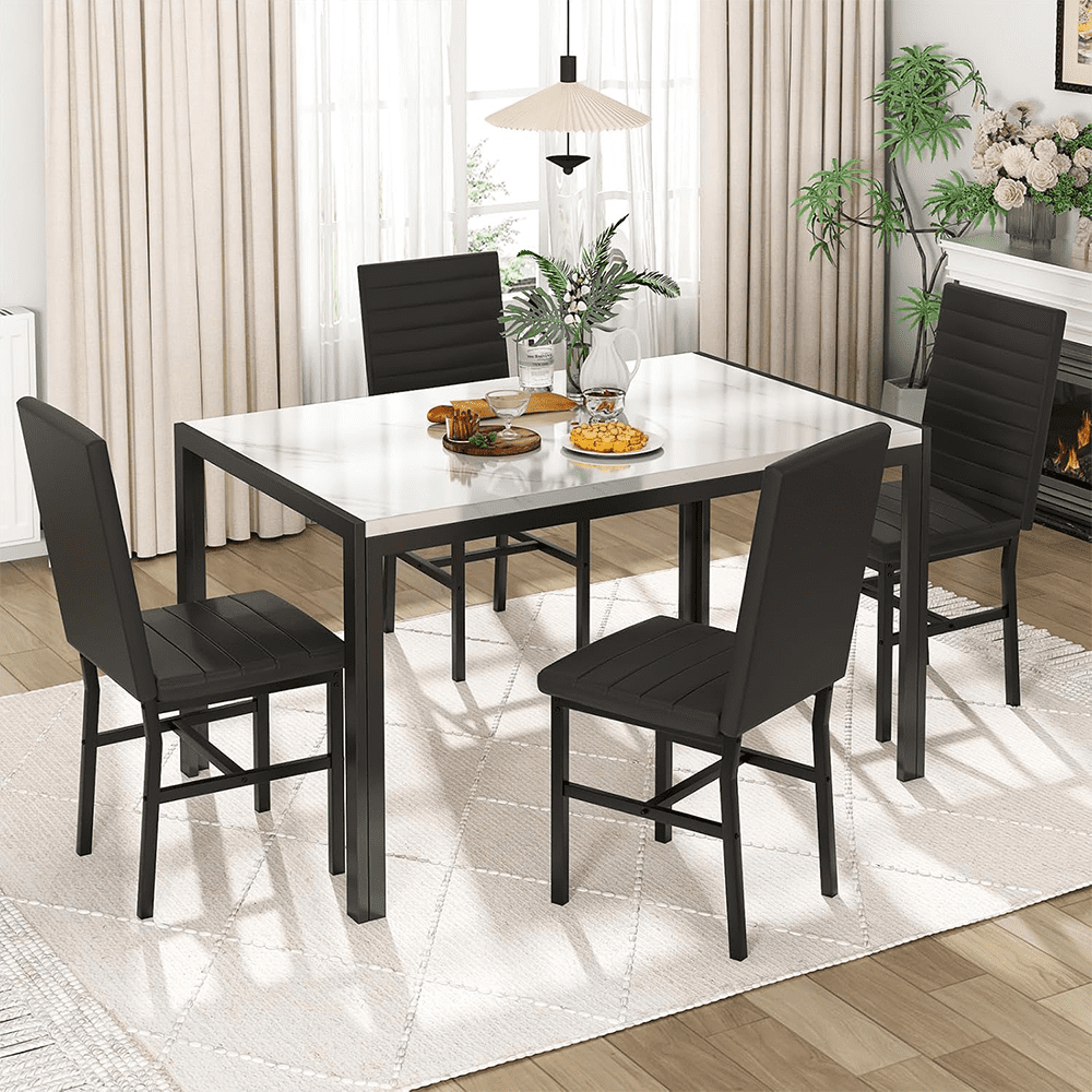 LinkRomat Dining Table Set for 4, Faux Marble Kitchen Table & 4 Black Upholstered Chairs, Modern Dinner Table Set for Dining Room, Small Spaces