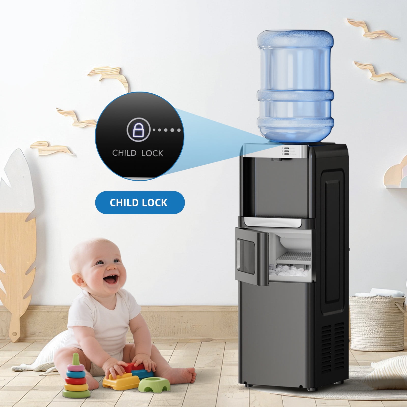 FREE VILLAGE Water Dispenser with Ice Maker,3-in-1 Water Cooler with Ice Maker, Hot & Cold Top-Loading Water Dispenser for 5 Gallon Bottle,33LBS/24H Ice Maker Output,Black