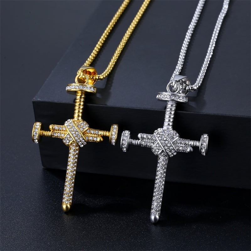 14K Yellow Gold Nail Cross Pendant Jesus Necklace Iced Out Fashion Jewelry for Women Hip Hop Charms Men Women Gift