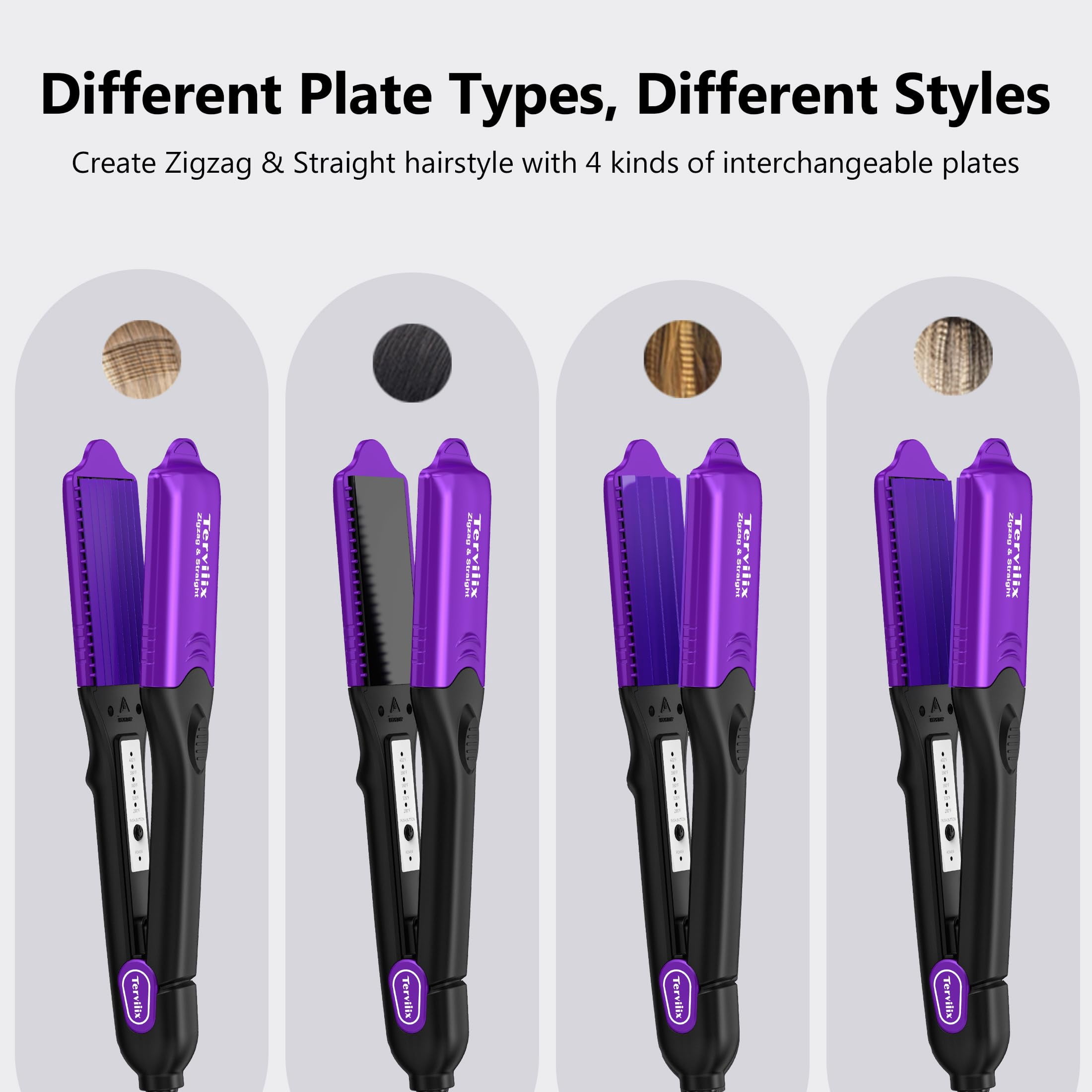 Terviiix Hair Crimper with 4 Changeable Plates, Ceramic Crimping Iron for Hair Styling, Purple