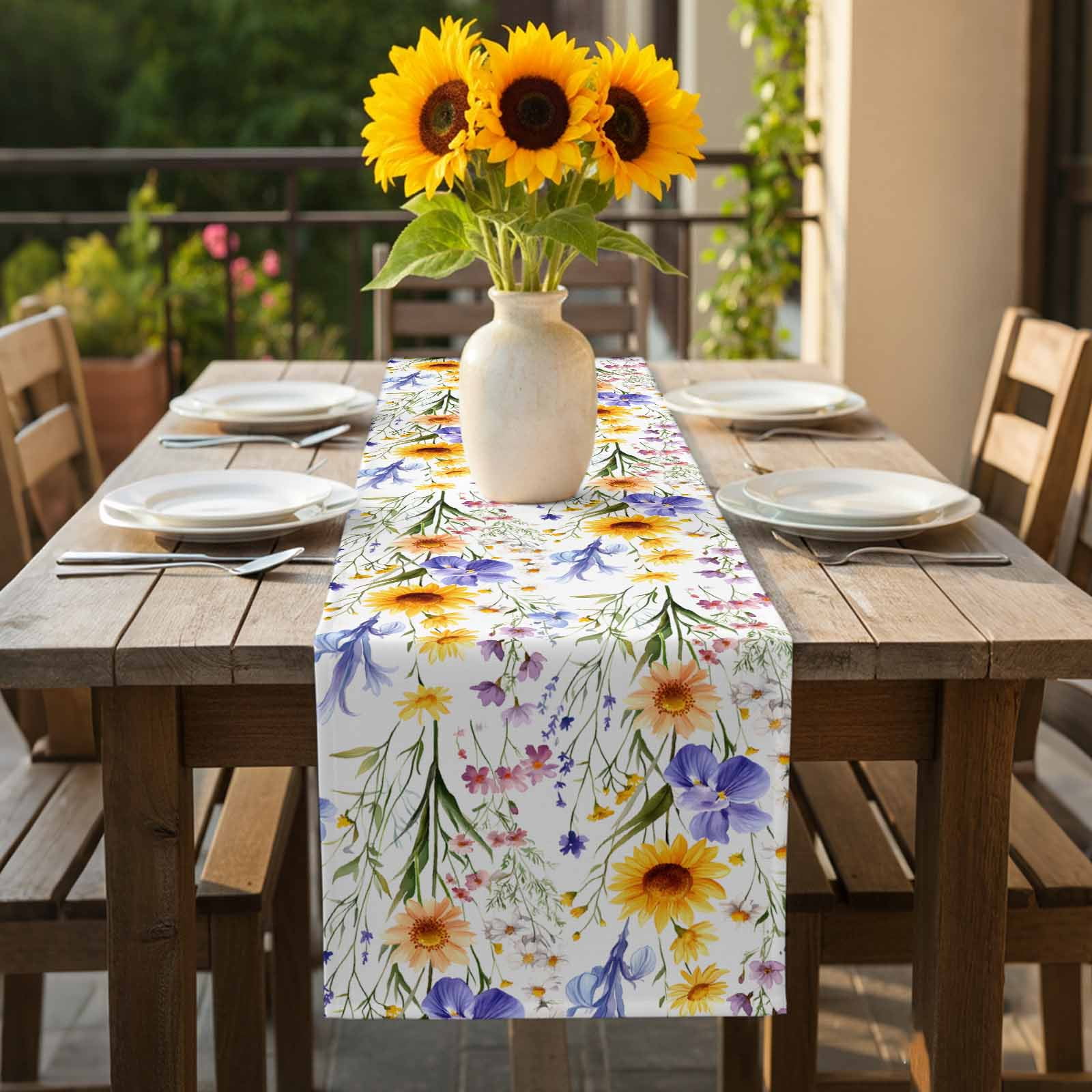 Wildflowers Table Runner 13x120 inch Spring Summer Cotton Linen Dining Table Runner Ideal for Dresser Kitchen Coffee Tables - Machine Washable
