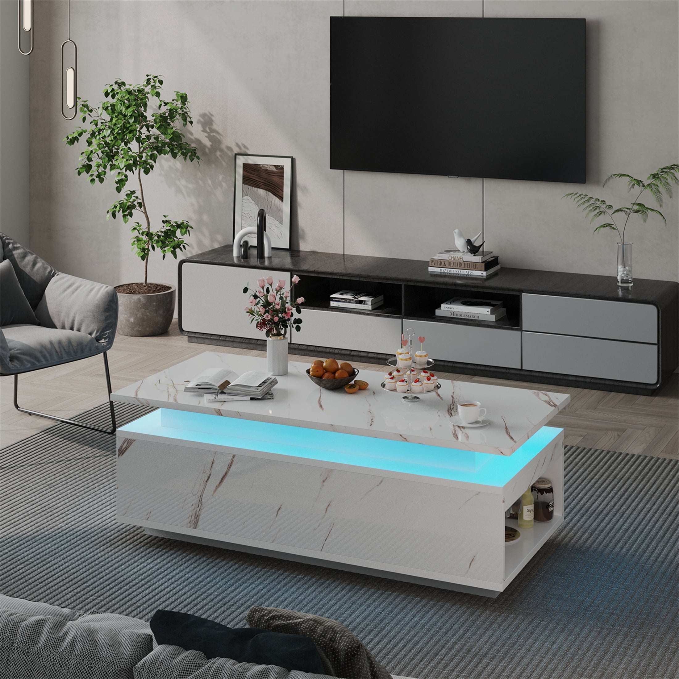 Yeahumalia Modern LED Coffee Table with Bluetooth Speaker, Wireless Charging, and Storage Organizer, White
