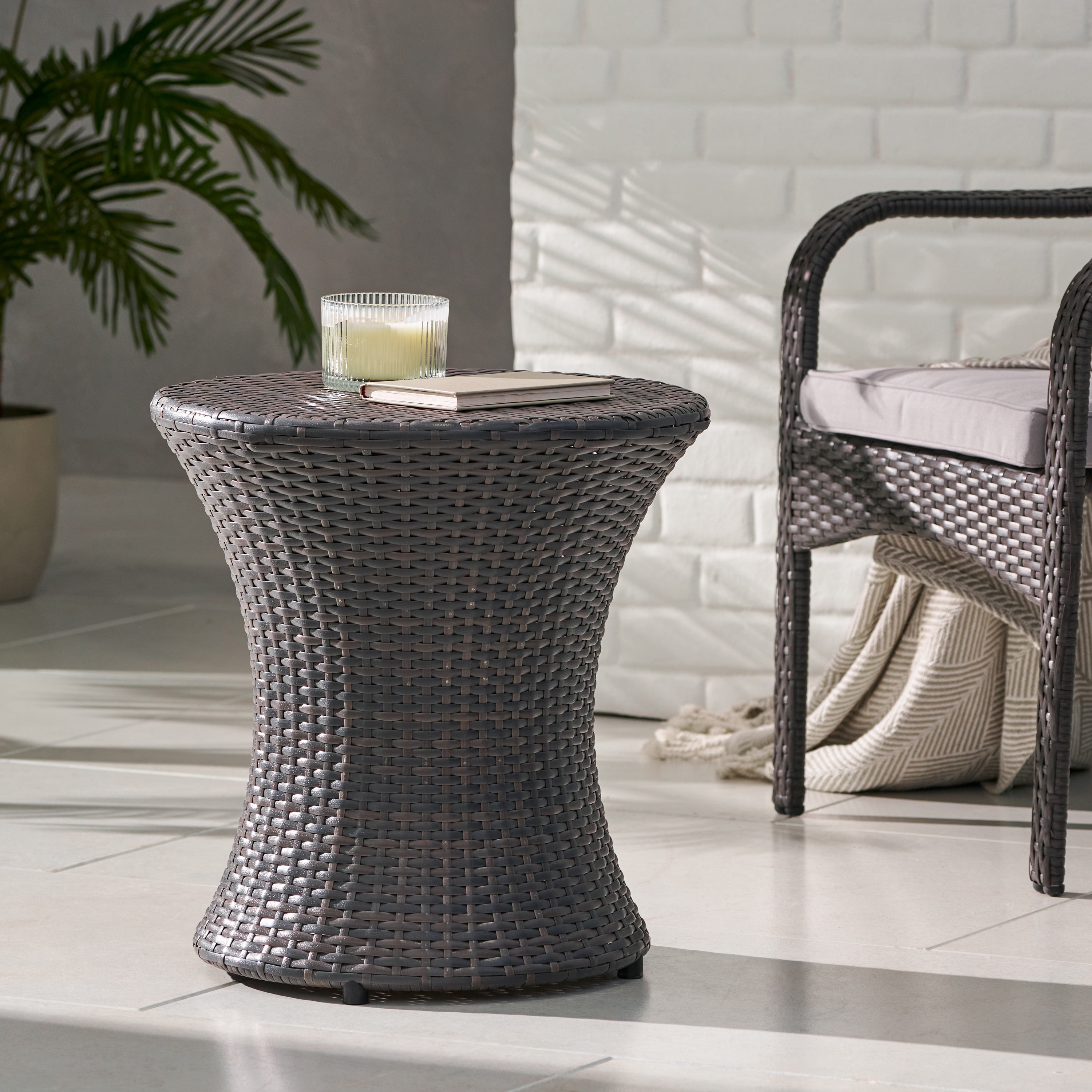 Outdoor Glassless Wicker Hourglass Side Table, Simple Decor End Table for Patio Garden, Gray