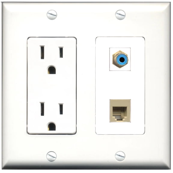 Ultra Spec Cables 15 Amp Power Outlet 1 Port RCA Green 1 Port Phone RJ11 RJ12 Beige Wall Plate