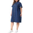 thumbnail image 4 of Agnes Orinda Women's Plus Size Denim Dresses Button Down Lapel Short Sleeve Midi Summer Casual Denim Jean Shirt Dress with Pockets 1X Dark Blue, 4 of 6